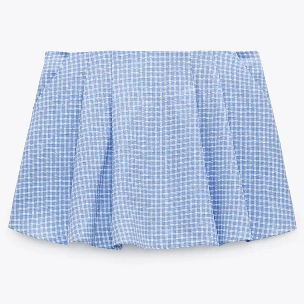 Zara Textured Gingham Split Skirt Blue White Size Medium